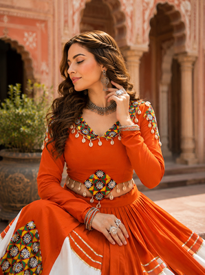 Orange Navratri Special Designer Gamthi Patch Work Rayon Lehenga Choli 4
