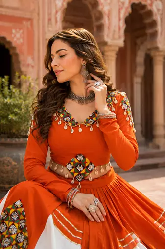 Orange Navratri Special Designer Gamthi Patch Work Rayon Lehenga Choli