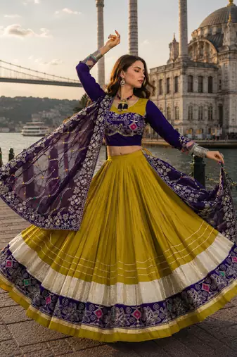 Mustard Navratri Special Pure Cotton Embroidered Lehenga Choli