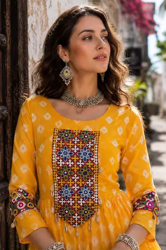 Yellow Navrat Special Designer Kediya Lehenga Set with Mirror Work
