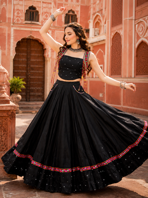 Black Designer Mirror Work Pure Cotton Navratri Lehenga Choli 3