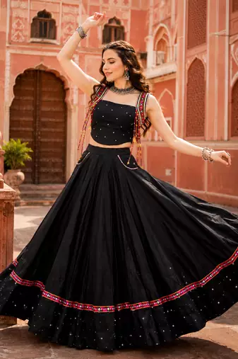 Black Designer Mirror Work Pure Cotton Navratri Lehenga Choli