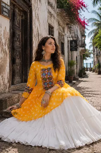 Yellow Navrat Special Designer Kediya Lehenga Set with Mirror Work