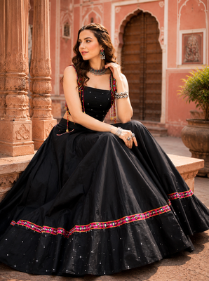 Black Designer Mirror Work Pure Cotton Navratri Lehenga Choli 4