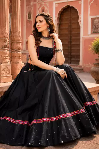 Black Designer Mirror Work Pure Cotton Navratri Lehenga Choli
