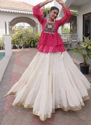 Exquisite Pink Premium Kora Cotton Lehenga with Laheriya Print Gamthi Work Top 1