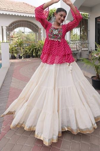pink laheriya print white kora cotton lehenga choli