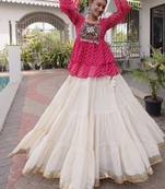 Exquisite Pink Premium Kora Cotton Lehenga with Laheriya Print Gamthi Work Top