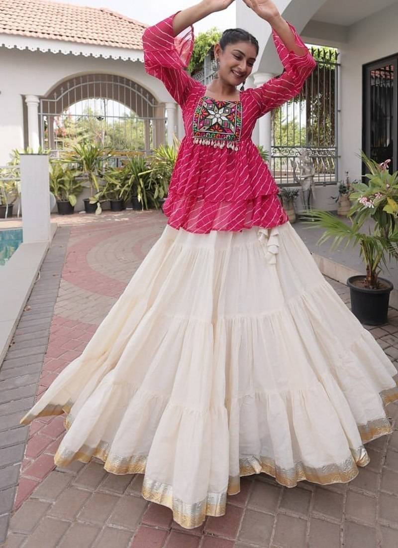 Exquisite Pink Premium Kora Cotton Lehenga with Laheriya Print Gamthi Work Top