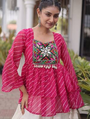 Exquisite Pink Premium Kora Cotton Lehenga with Laheriya Print Gamthi Work Top 2