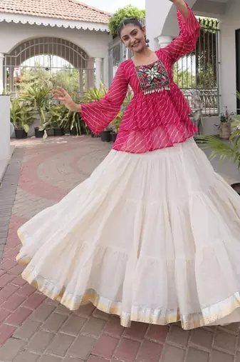 Exquisite Pink Premium Kora Cotton Lehenga with Laheriya Print Gamthi Work Top