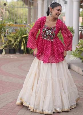 Exquisite Pink Premium Kora Cotton Lehenga with Laheriya Print Gamthi Work Top 4