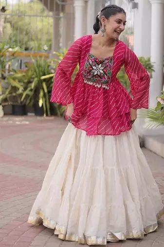 Exquisite Pink Premium Kora Cotton Lehenga with Laheriya Print Gamthi Work Top