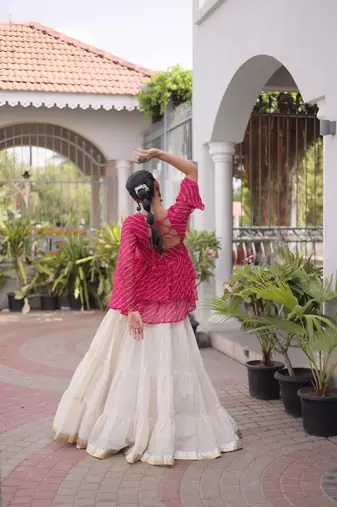 Exquisite Pink Premium Kora Cotton Lehenga with Laheriya Print Gamthi Work Top