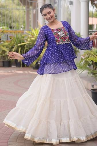 purple bandhani print white kora cotton lehenga choli