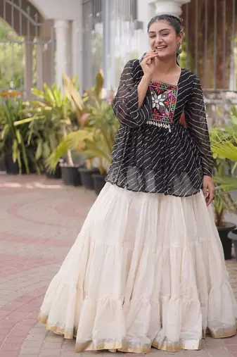 Premium White Designer Navratri Kora Cotton Lehenga Choli with Black Laheriya Print Top