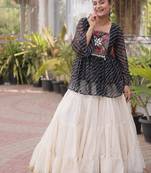 Premium White Designer Navratri Kora Cotton Lehenga Choli with Black Laheriya Print Top