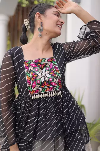 Premium White Designer Navratri Kora Cotton Lehenga Choli with Black Laheriya Print Top