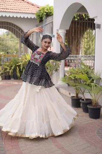 Premium White Designer Navratri Kora Cotton Lehenga Choli with Black Laheriya Print Top