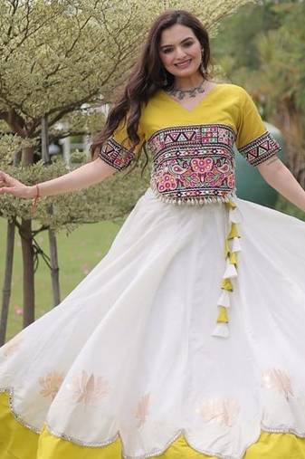 white yellow lotus gota roman navratri lehenga choli