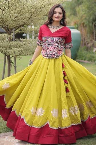 yellow roman navratri lehenga with maroon choli