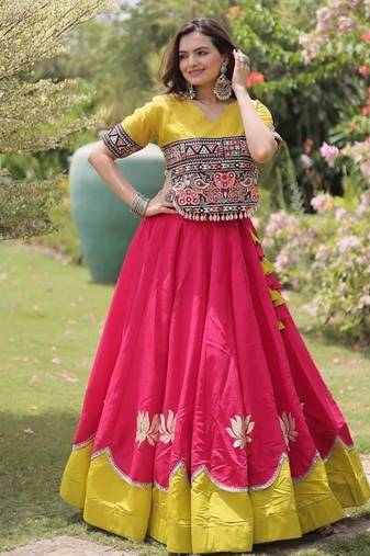 Pink & Yellow Roman Navaratri Lehenga Choli For Women's