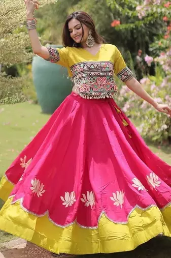 Pink & Yellow Roman Navaratri Lehenga Choli For Women's