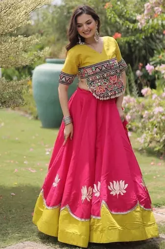 Pink & Yellow Roman Navaratri Lehenga Choli For Women's