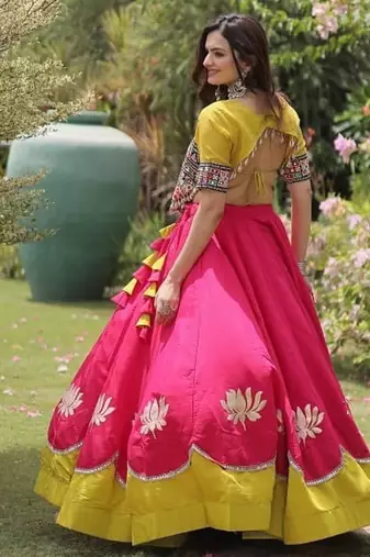 Pink & Yellow Roman Navaratri Lehenga Choli For Women's
