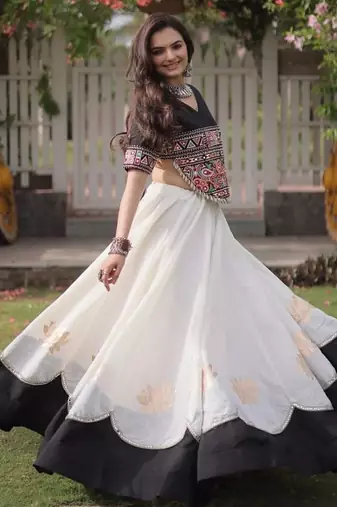 White & Black Roman Navaratri Lehenga Choli For Women's