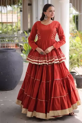 Regal Orange Cora Cotton Lehenga Choli with Heavy Meter Flair and Lace