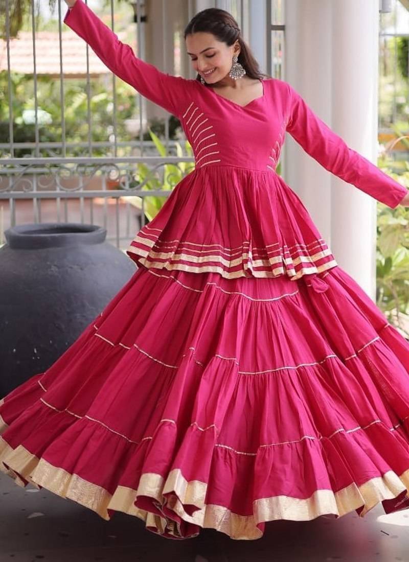 Bohemian Pink Designer Cora Cotton Lehenga with Gota Patti Peplum Top for Garba Nights