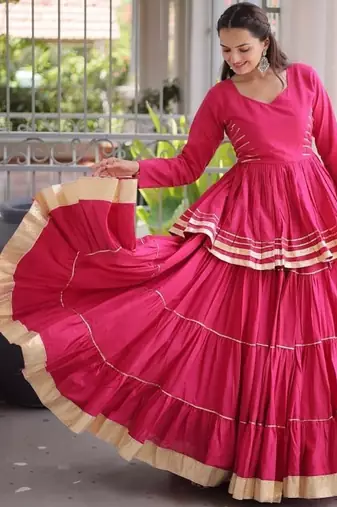Bohemian Pink Designer Cora Cotton Lehenga with Gota Patti Peplum Top for Garba Nights