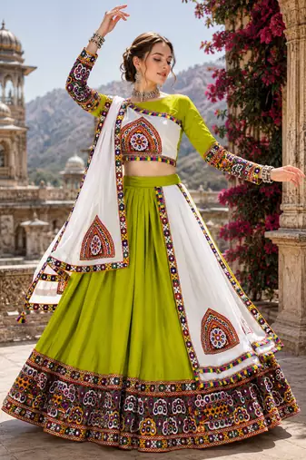 Green Signature Navratri Gamthi Rayon Cotton Lehenga Set