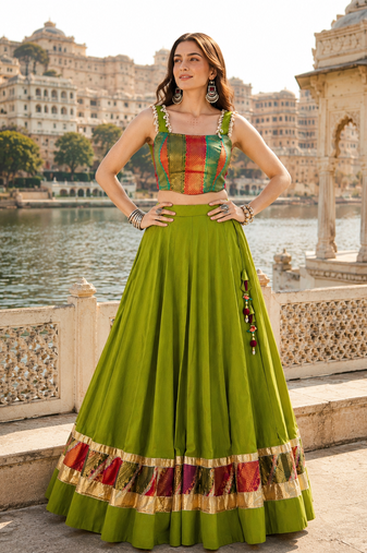 olive green embroidered zari cotton navratri lehenga choli