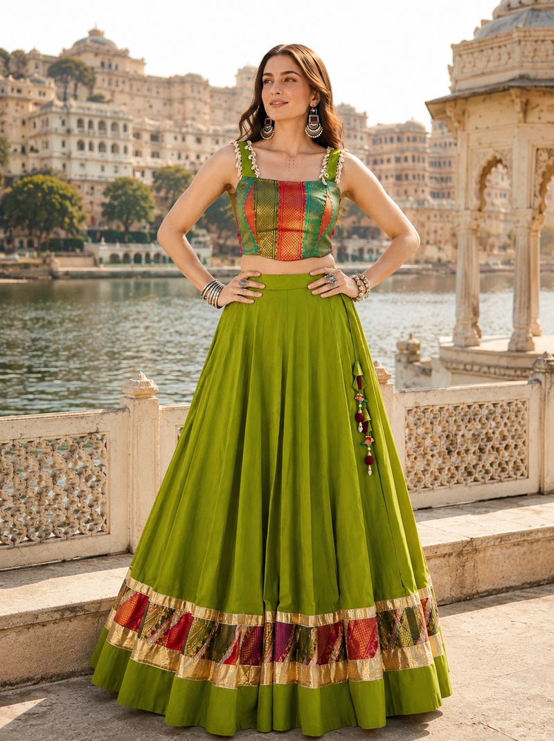 Green Navratri Raas Zari Cotton Lehenga Choli