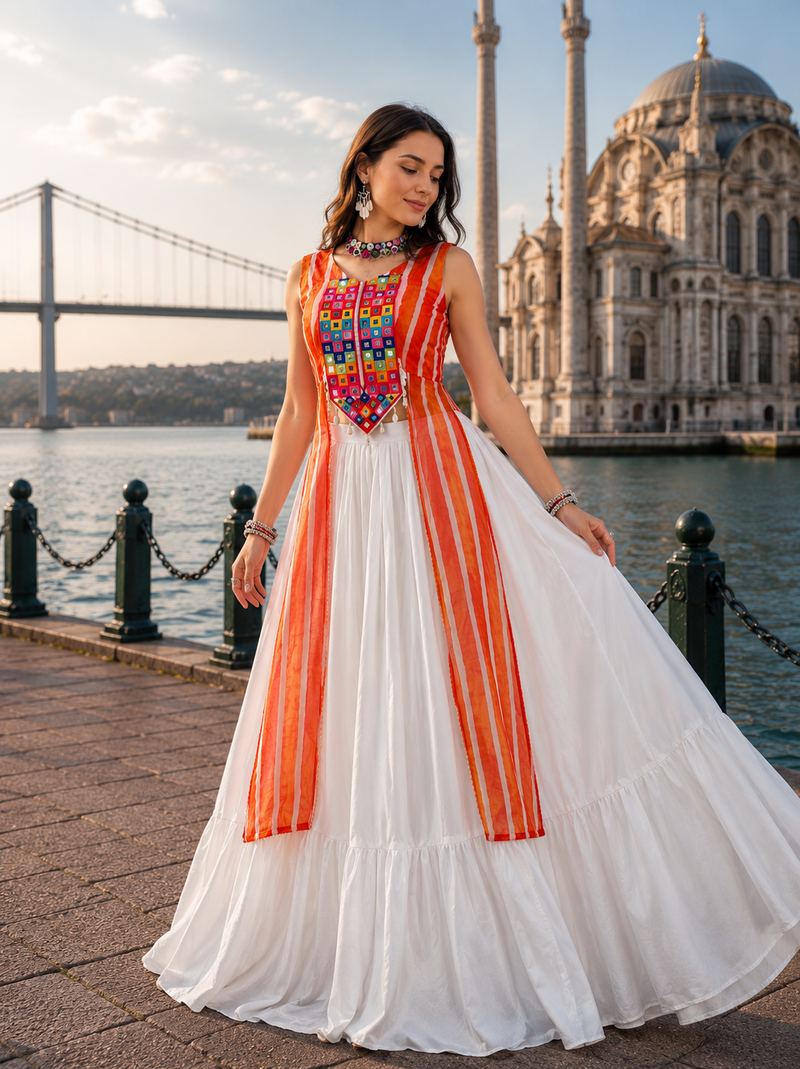 White Navratri Special Leheriya Kurti with Rayon Lehenga Set