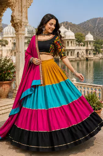 Multicolor Gamthi Rayon Cotton Navratri Lehenga Set