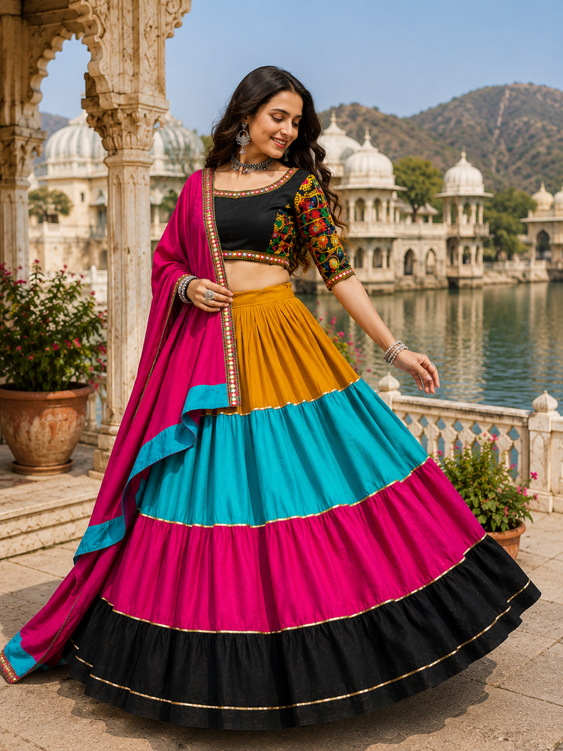 Multicolor Gamthi Rayon Cotton Navratri Lehenga Set