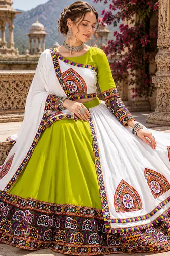 Green Signature Navratri Gamthi Rayon Cotton Lehenga Set