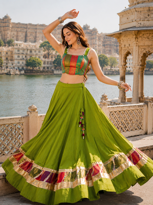 Green Navratri Raas Zari Cotton Lehenga Choli 2