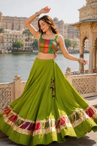 Green Navratri Raas Zari Cotton Lehenga Choli
