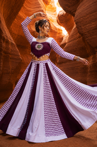 wine chevron print mirror kaudi work cotton navratri lehenga 