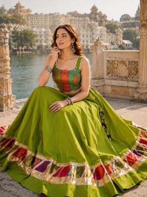 Green Navratri Raas Zari Cotton Lehenga Choli 3