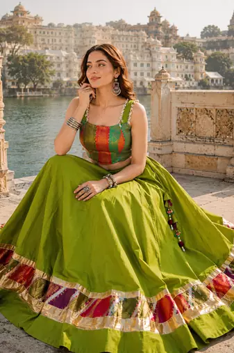 Green Navratri Raas Zari Cotton Lehenga Choli
