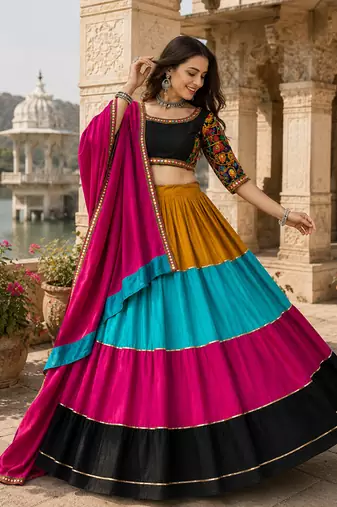 Multicolor Gamthi Rayon Cotton Navratri Lehenga Set