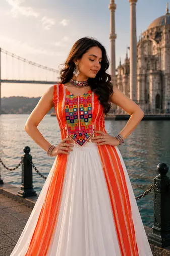 White Navratri Special Leheriya Kurti with Rayon Lehenga Set