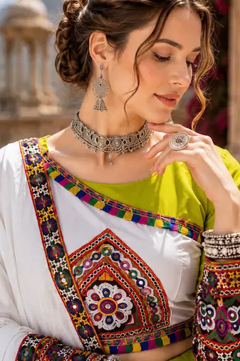 Green Signature Navratri Gamthi Rayon Cotton Lehenga Set