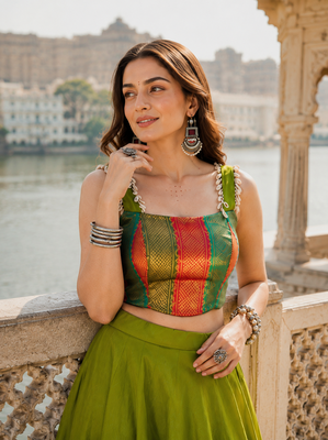 Green Navratri Raas Zari Cotton Lehenga Choli 4