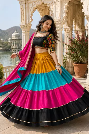 Multicolor Gamthi Rayon Cotton Navratri Lehenga Set